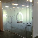 office window with etched glass decor